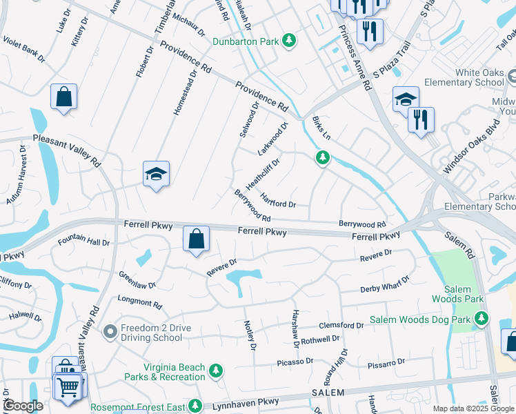 map of restaurants, bars, coffee shops, grocery stores, and more near 4841 Berrywood Road in Virginia Beach