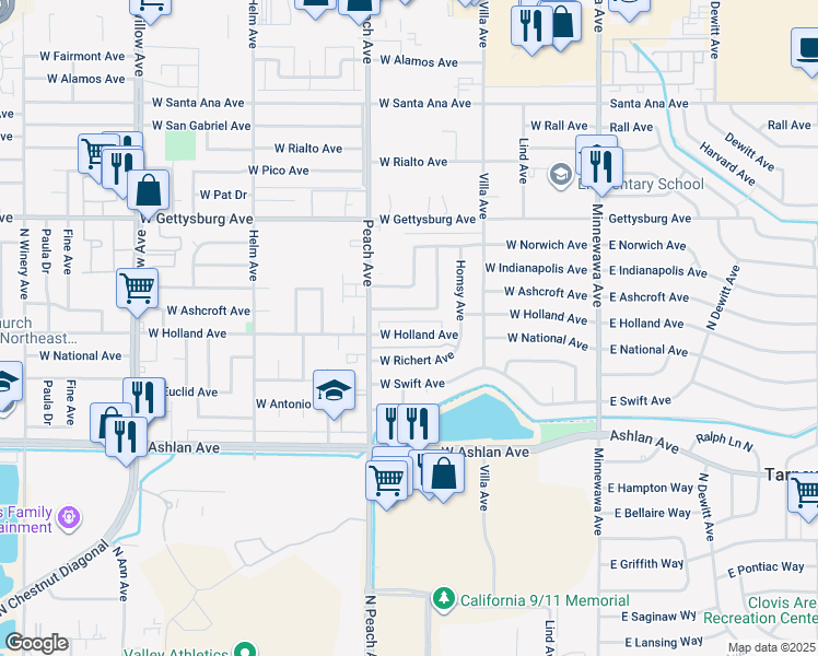 map of restaurants, bars, coffee shops, grocery stores, and more near 323 West Holland Avenue in Clovis