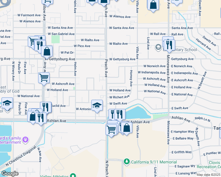 map of restaurants, bars, coffee shops, grocery stores, and more near in Clovis