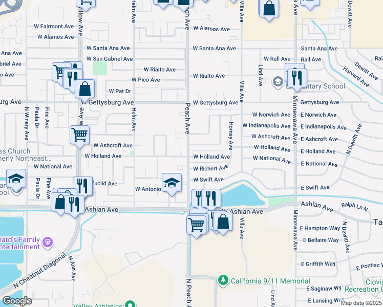 map of restaurants, bars, coffee shops, grocery stores, and more near in Clovis