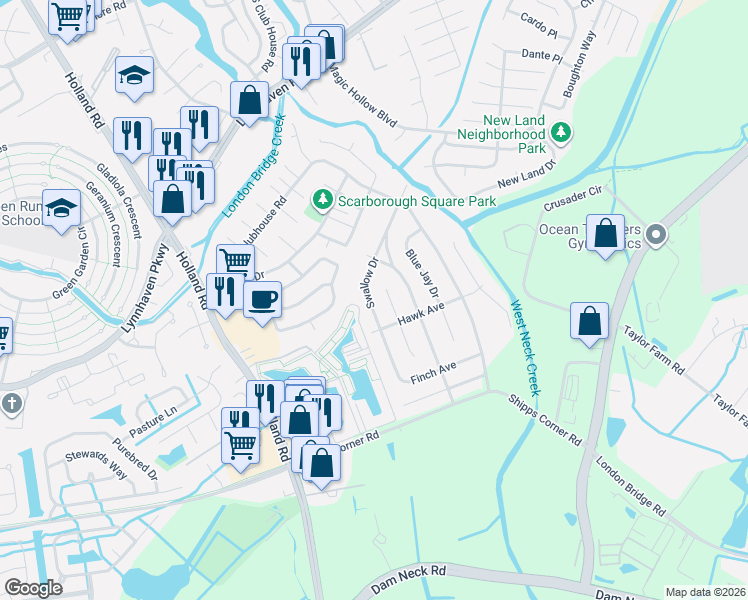 map of restaurants, bars, coffee shops, grocery stores, and more near 1252 Swallow Drive in Virginia Beach