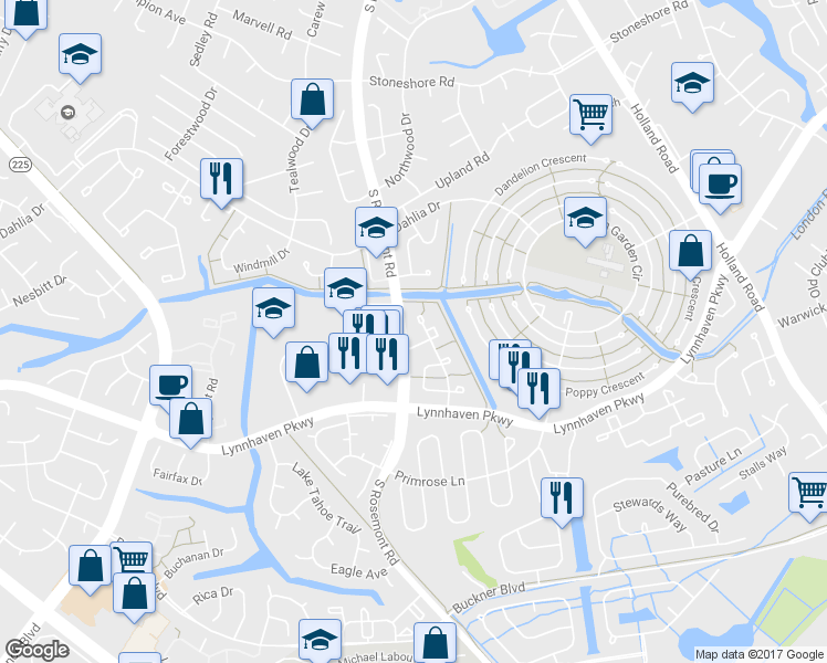 map of restaurants, bars, coffee shops, grocery stores, and more near 1329 Sierra Drive in Virginia Beach