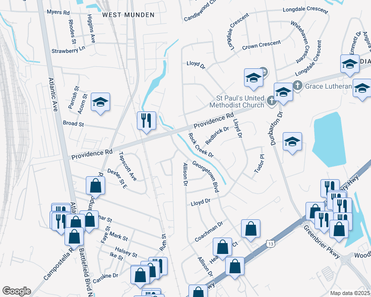 map of restaurants, bars, coffee shops, grocery stores, and more near 2305 Georgetown Boulevard in Chesapeake
