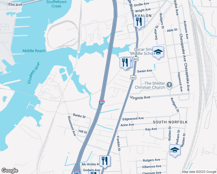 map of restaurants, bars, coffee shops, grocery stores, and more near Interstate 464 in Chesapeake