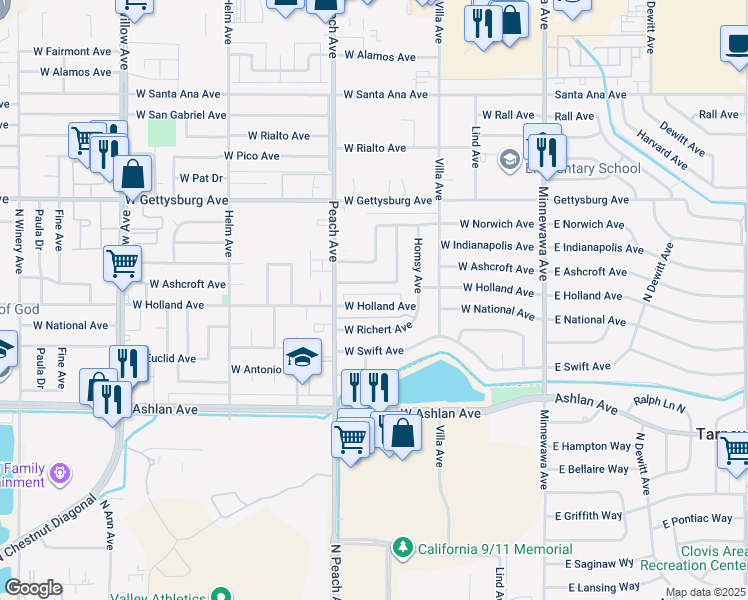 map of restaurants, bars, coffee shops, grocery stores, and more near 323 West Holland Avenue in Clovis