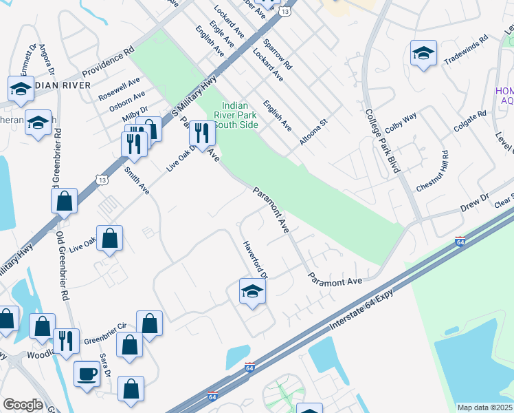 map of restaurants, bars, coffee shops, grocery stores, and more near 2233 Haverford Drive in Chesapeake