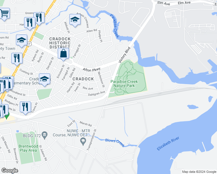 map of restaurants, bars, coffee shops, grocery stores, and more near 1132 Victory Boulevard in Portsmouth