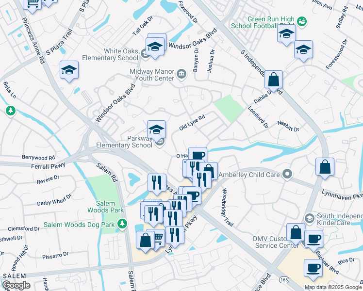map of restaurants, bars, coffee shops, grocery stores, and more near 4221 Lindberg Place in Virginia Beach