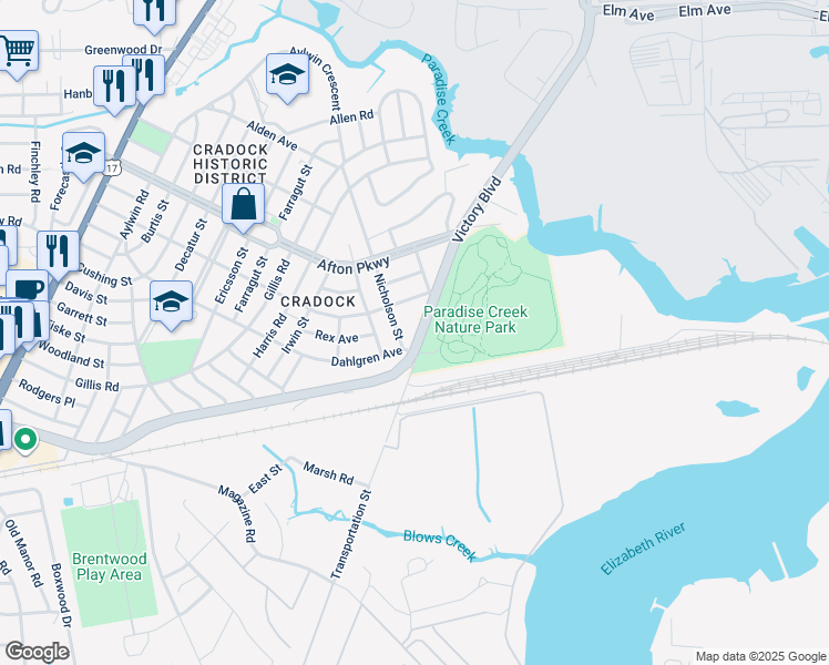 map of restaurants, bars, coffee shops, grocery stores, and more near 1132 Victory Boulevard in Portsmouth