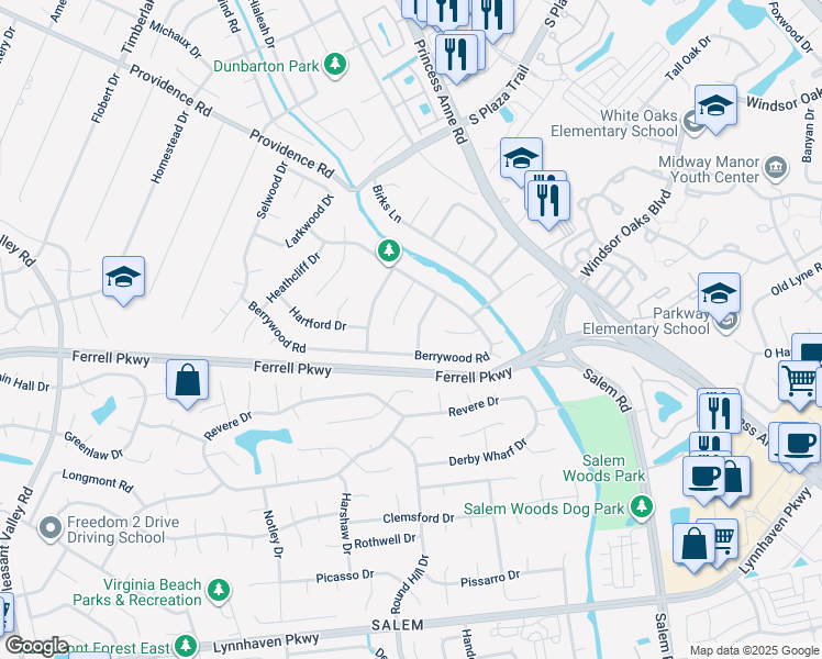 map of restaurants, bars, coffee shops, grocery stores, and more near 1221 Chattingham Drive in Virginia Beach