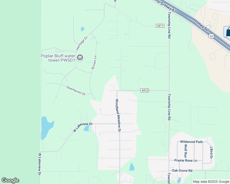map of restaurants, bars, coffee shops, grocery stores, and more near 8311 Woodland Meadow Drive in Poplar Bluff
