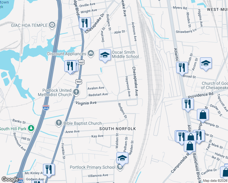 map of restaurants, bars, coffee shops, grocery stores, and more near 2526 Rodgers Street in Chesapeake