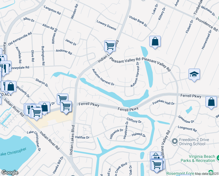 map of restaurants, bars, coffee shops, grocery stores, and more near 5144 Earlston Lane in Virginia Beach