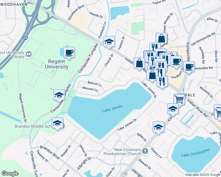 map of restaurants, bars, coffee shops, grocery stores, and more near Belvoir Lane in Virginia Beach