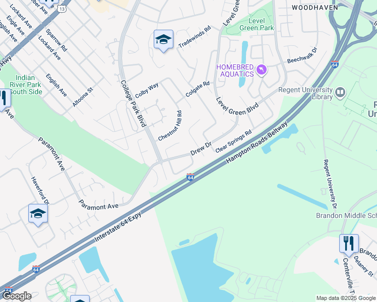 map of restaurants, bars, coffee shops, grocery stores, and more near 6336 Drew Drive in Virginia Beach