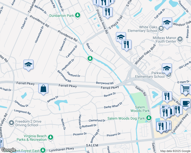 map of restaurants, bars, coffee shops, grocery stores, and more near 1221 Chattingham Drive in Virginia Beach