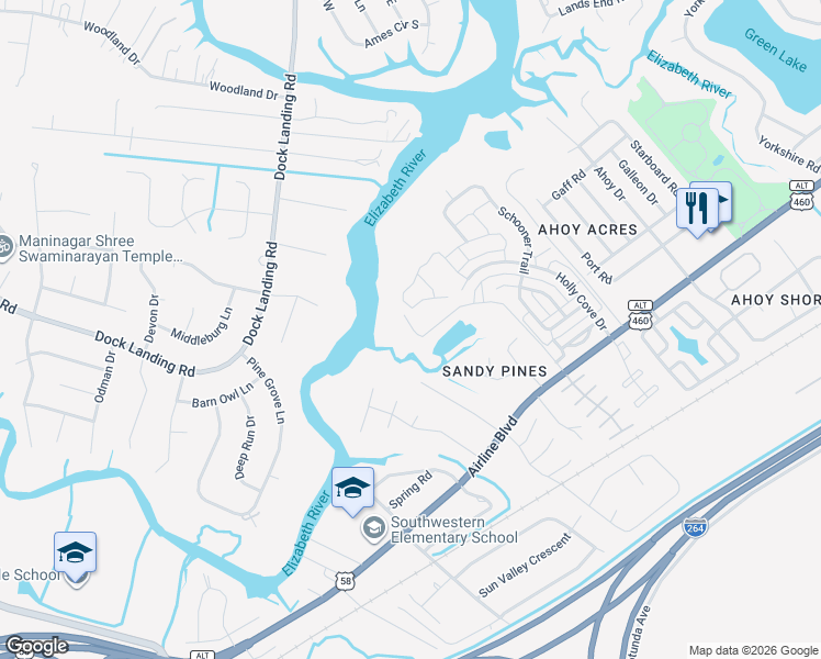 map of restaurants, bars, coffee shops, grocery stores, and more near 4299 White Cap Crest in Chesapeake