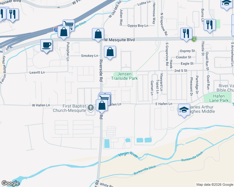 map of restaurants, bars, coffee shops, grocery stores, and more near 767 Moss Drive in Mesquite