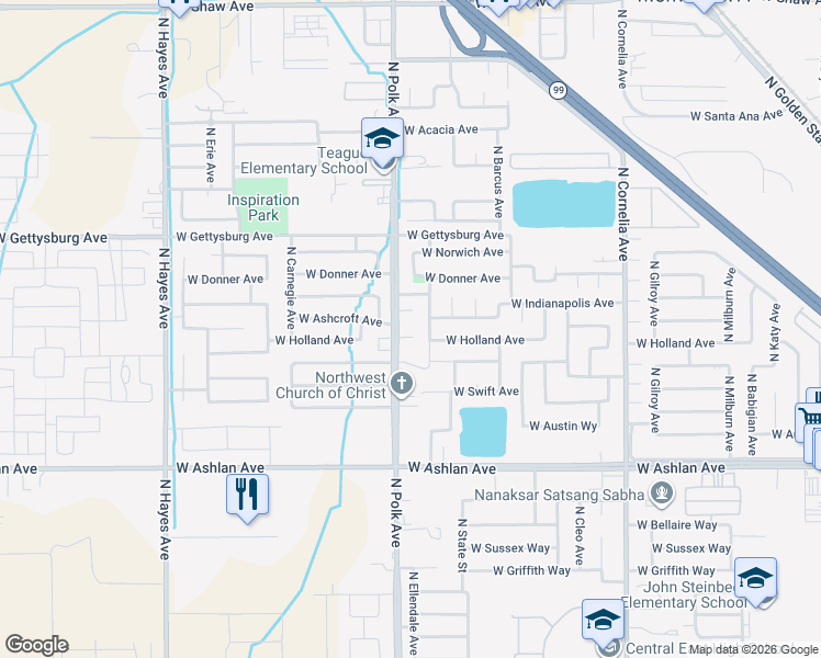 map of restaurants, bars, coffee shops, grocery stores, and more near 5478 West Holland Avenue in Fresno