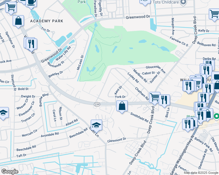 map of restaurants, bars, coffee shops, grocery stores, and more near 119 York Drive in Portsmouth