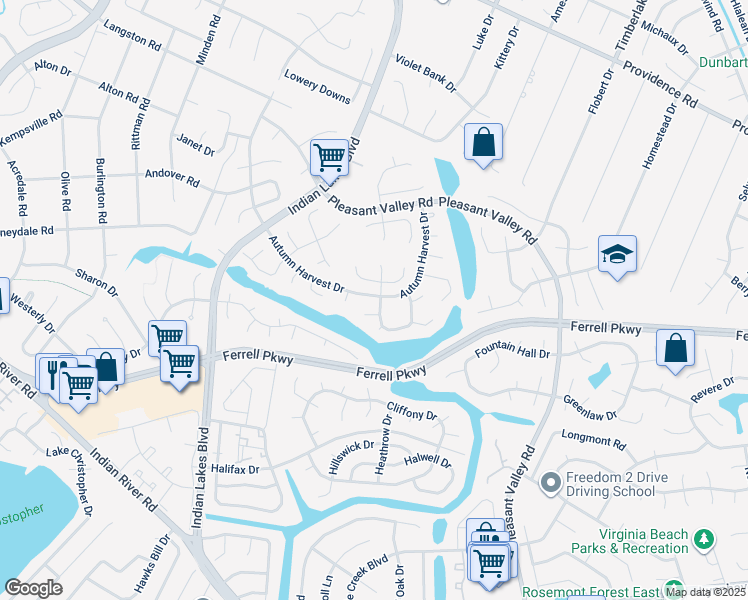 map of restaurants, bars, coffee shops, grocery stores, and more near 5100 Evesham Drive in Virginia Beach