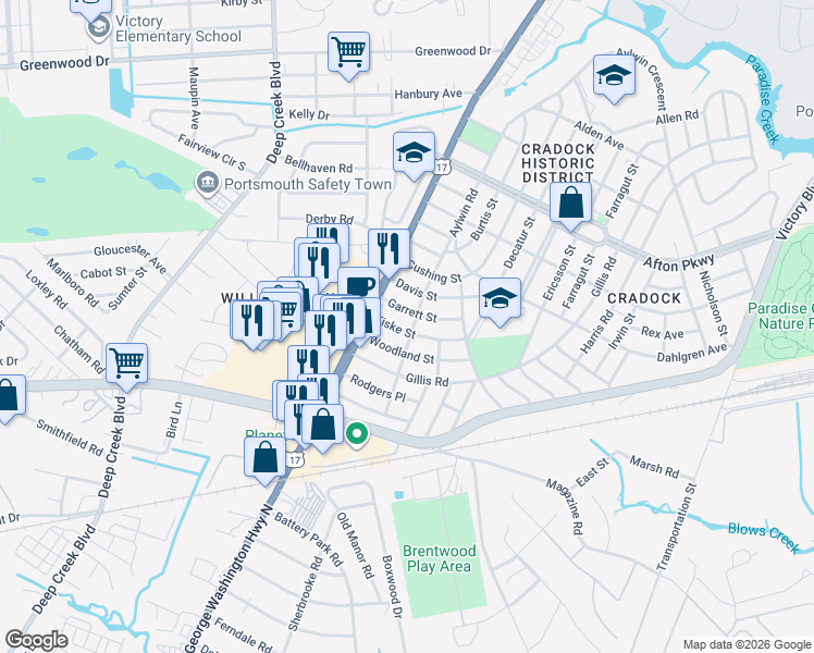 map of restaurants, bars, coffee shops, grocery stores, and more near 9 Fiske Street in Portsmouth