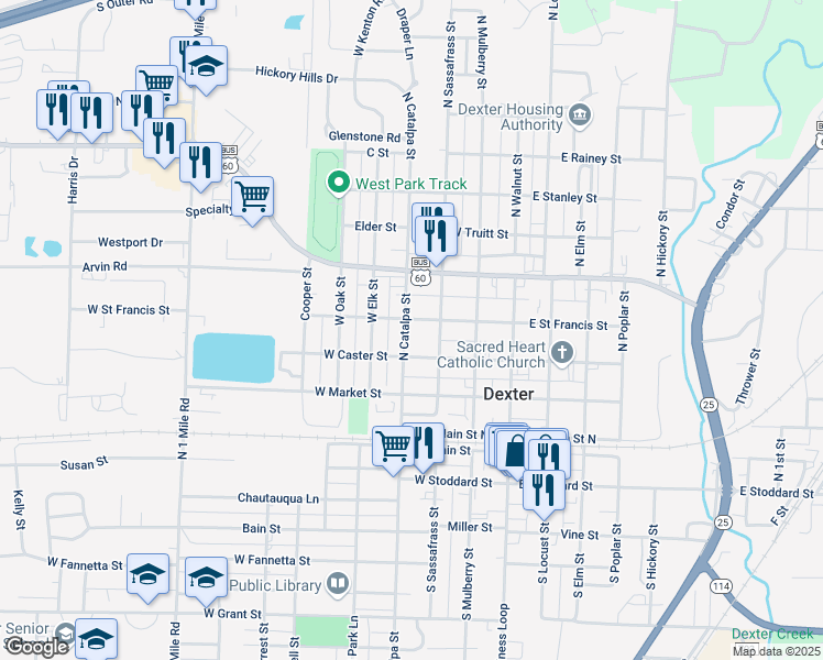 map of restaurants, bars, coffee shops, grocery stores, and more near 209 West Saint Francis Street in Dexter