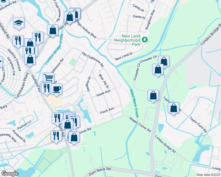 map of restaurants, bars, coffee shops, grocery stores, and more near 1260 Blue Jay Dr in Virginia Beach