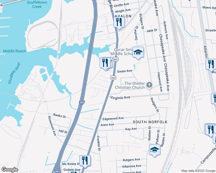 map of restaurants, bars, coffee shops, grocery stores, and more near 1052 Trestle Way in Chesapeake