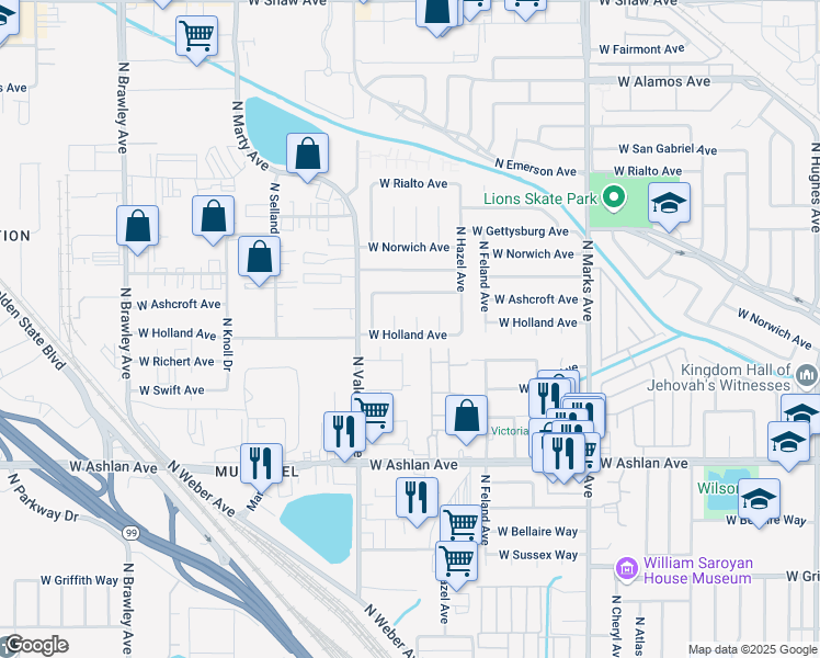 map of restaurants, bars, coffee shops, grocery stores, and more near 4229 North Tamera Avenue in Fresno