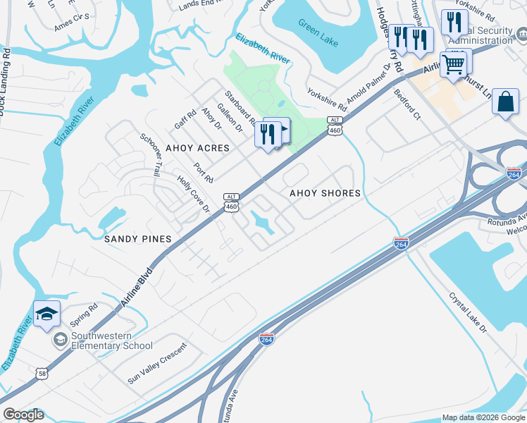map of restaurants, bars, coffee shops, grocery stores, and more near 3717 Bay Crescent in Chesapeake