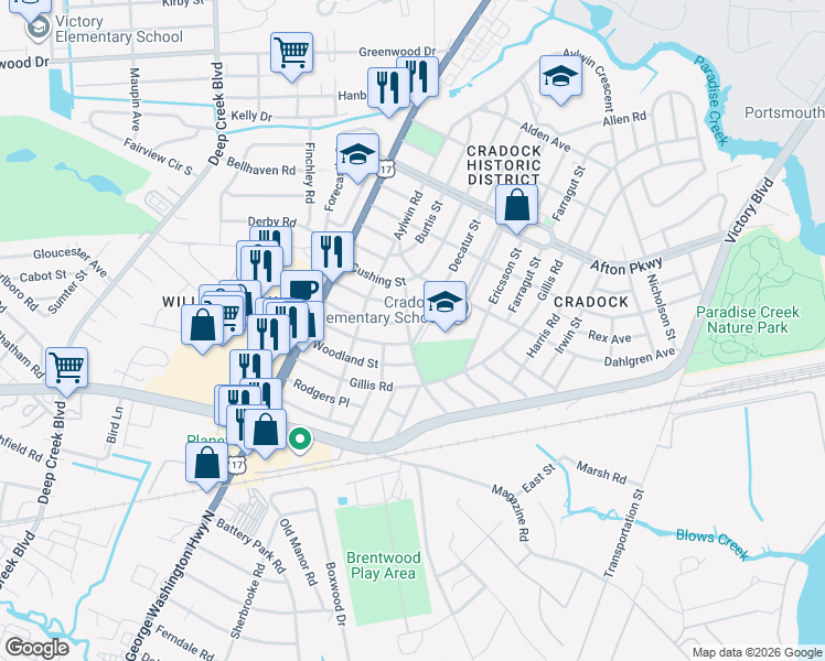 map of restaurants, bars, coffee shops, grocery stores, and more near 113 Decatur Street in Portsmouth