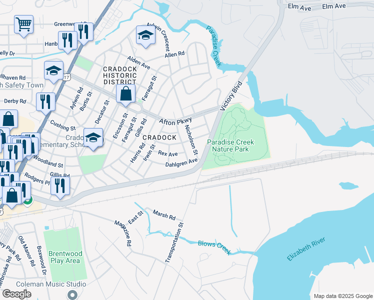 map of restaurants, bars, coffee shops, grocery stores, and more near 15 Morris Street in Portsmouth