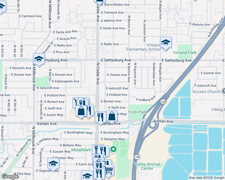 map of restaurants, bars, coffee shops, grocery stores, and more near 4324 East Ashcroft Avenue in Fresno