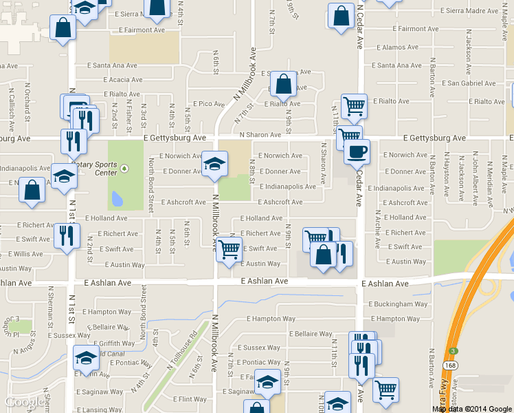 map of restaurants, bars, coffee shops, grocery stores, and more near 3852 East Ashcroft Avenue in Fresno