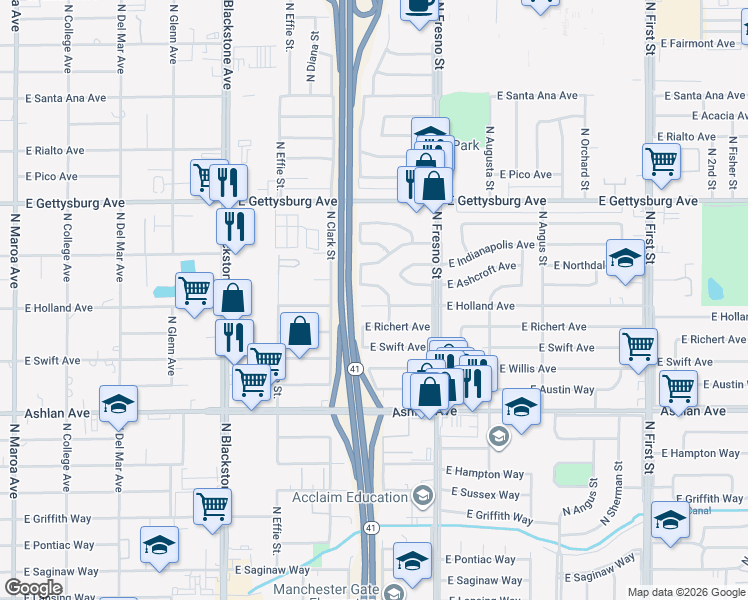 map of restaurants, bars, coffee shops, grocery stores, and more near 2243 East Holland Avenue in Fresno