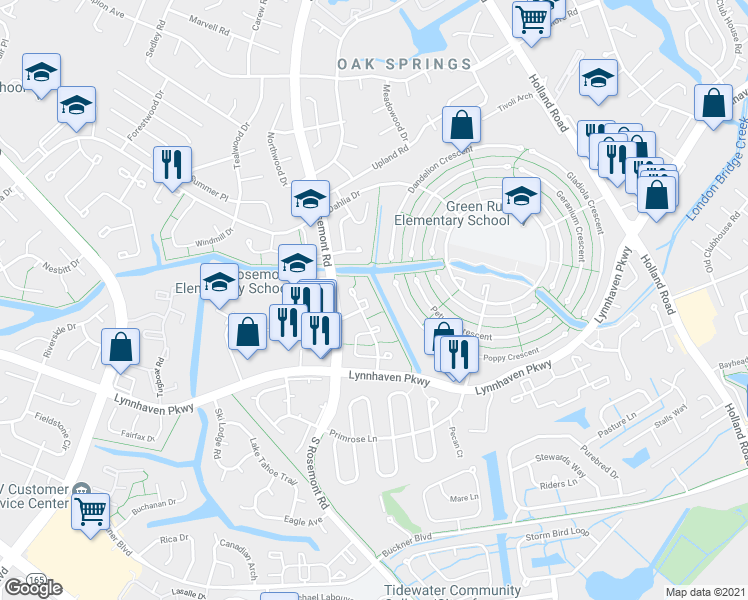map of restaurants, bars, coffee shops, grocery stores, and more near 3565 Poppy Crescent in Virginia Beach