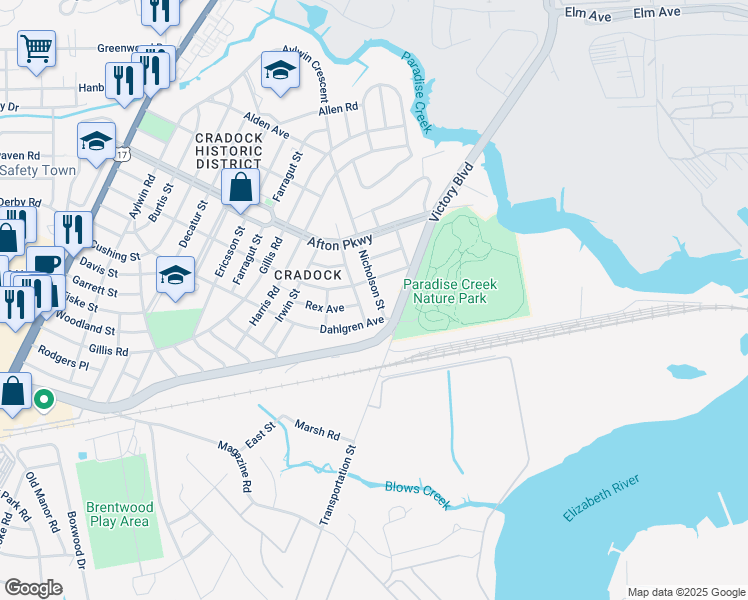map of restaurants, bars, coffee shops, grocery stores, and more near 1128 Victory Boulevard in Portsmouth