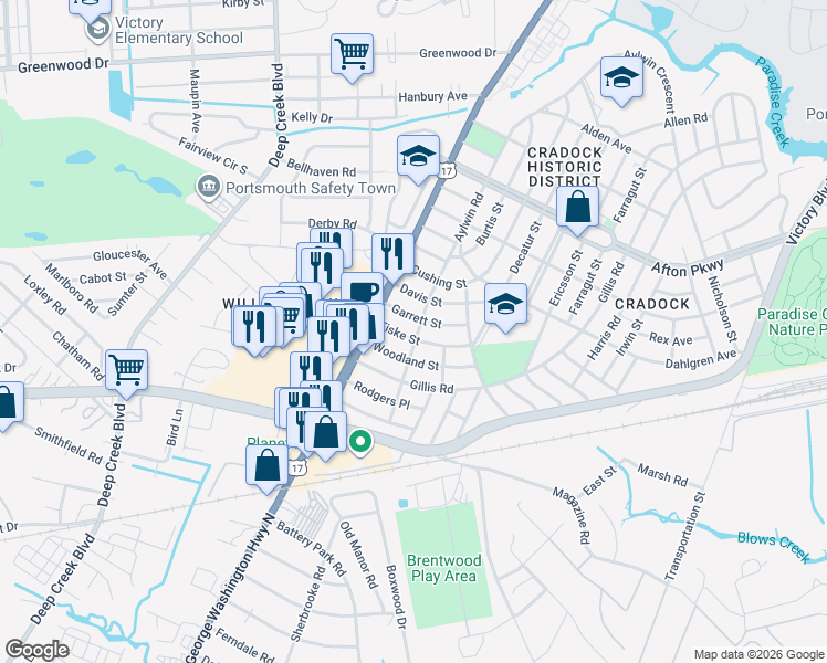 map of restaurants, bars, coffee shops, grocery stores, and more near 9 Fiske Street in Portsmouth