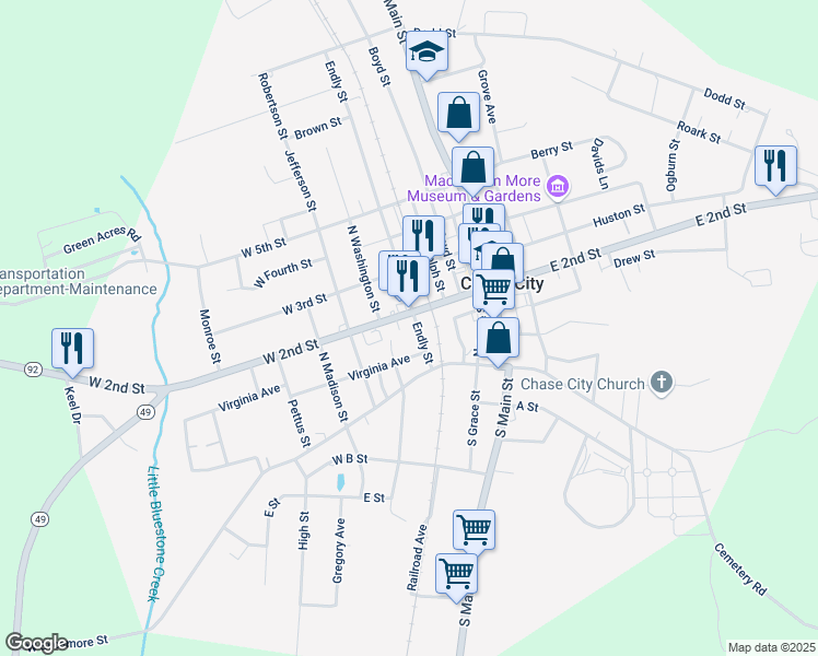 map of restaurants, bars, coffee shops, grocery stores, and more near 141 West 2nd Street in Chase City