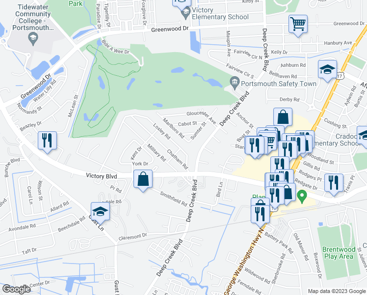 map of restaurants, bars, coffee shops, grocery stores, and more near 13 Loxley Road in Portsmouth