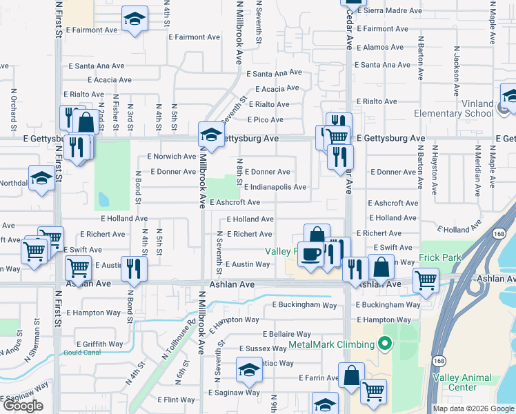 map of restaurants, bars, coffee shops, grocery stores, and more near 3852 East Ashcroft Avenue in Fresno