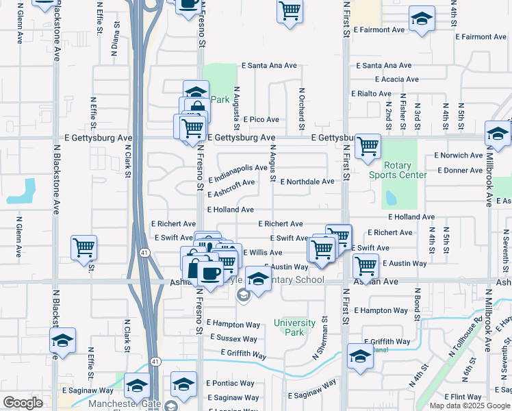 map of restaurants, bars, coffee shops, grocery stores, and more near 2809 East Holland Avenue in Fresno