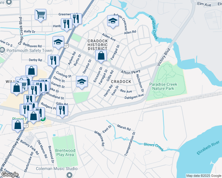 map of restaurants, bars, coffee shops, grocery stores, and more near 98 Harris Road in Portsmouth