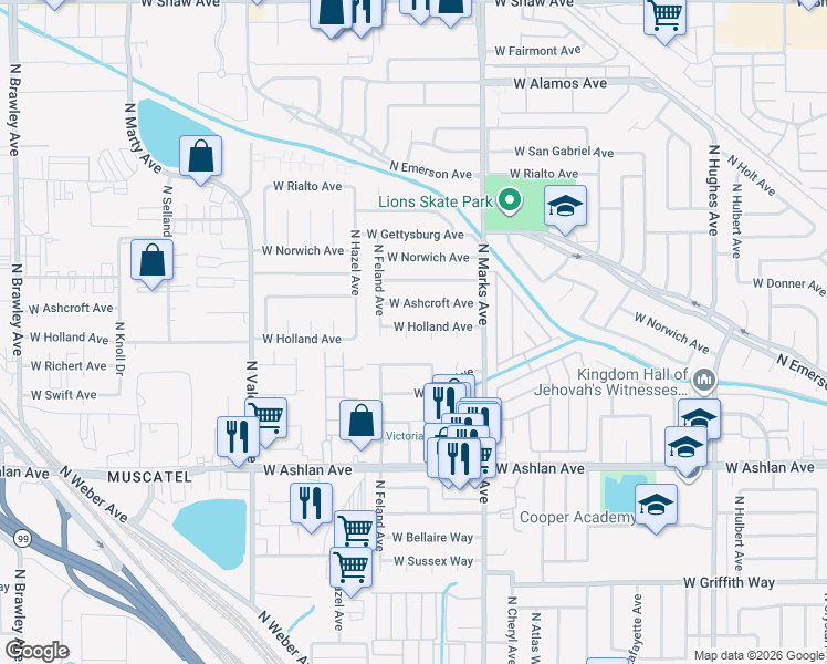 map of restaurants, bars, coffee shops, grocery stores, and more near 3111 West Holland Avenue in Fresno