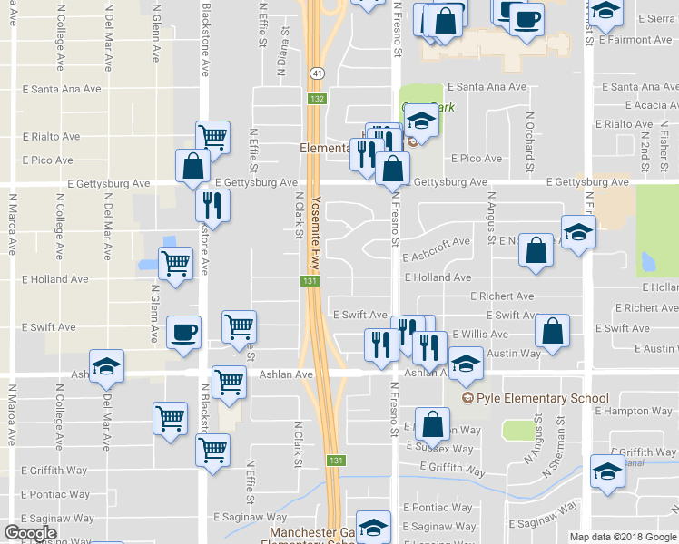 map of restaurants, bars, coffee shops, grocery stores, and more near 2243 East Holland Avenue in Fresno
