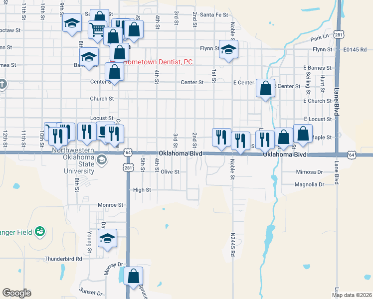 map of restaurants, bars, coffee shops, grocery stores, and more near 214 Oklahoma Boulevard in Alva