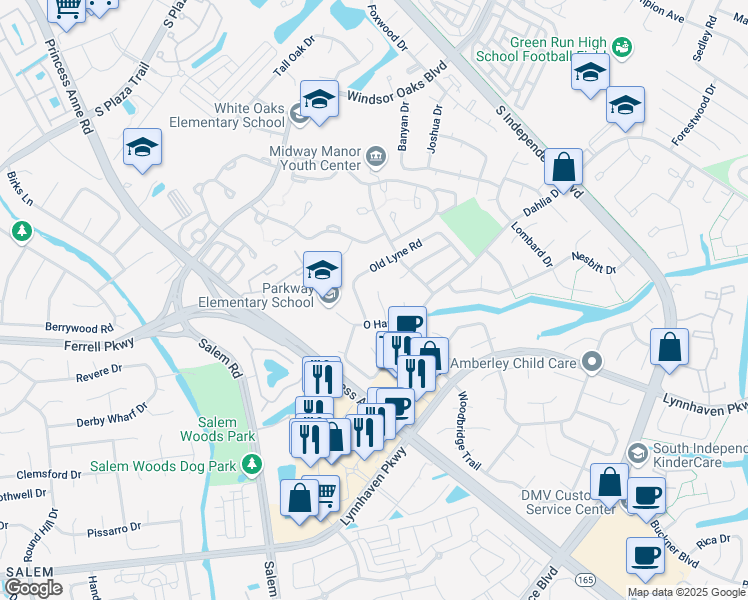 map of restaurants, bars, coffee shops, grocery stores, and more near 4221 Lindberg Place in Virginia Beach
