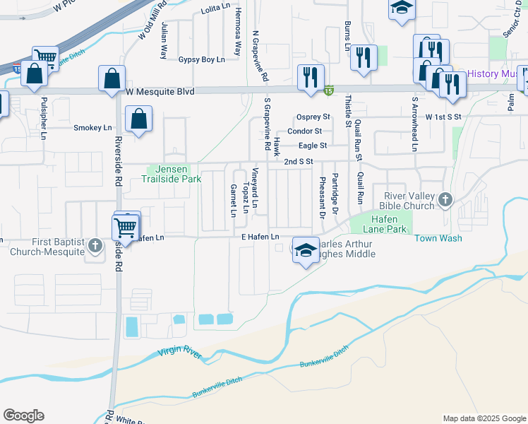 map of restaurants, bars, coffee shops, grocery stores, and more near 341 South Grapevine Road in Mesquite