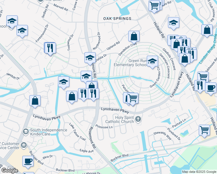 map of restaurants, bars, coffee shops, grocery stores, and more near 1324 Sierra Drive in Virginia Beach